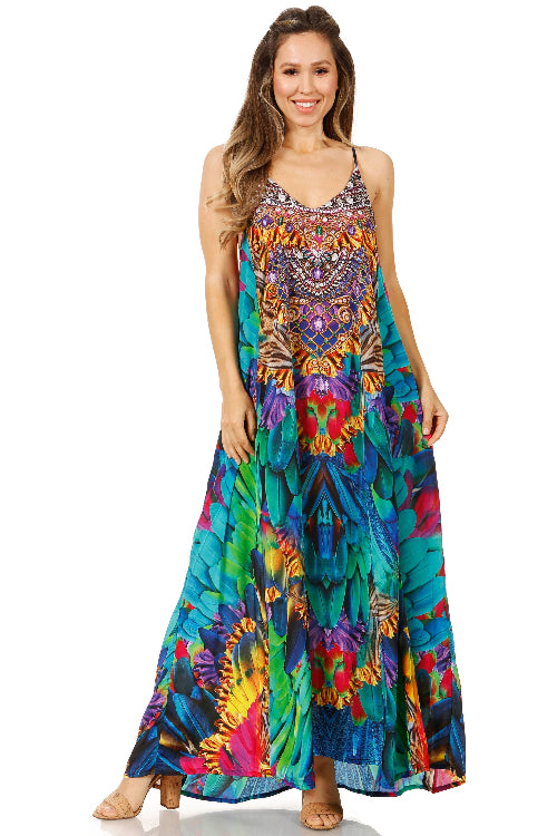 Woman wearing a colorful tie-dye dress on a white background