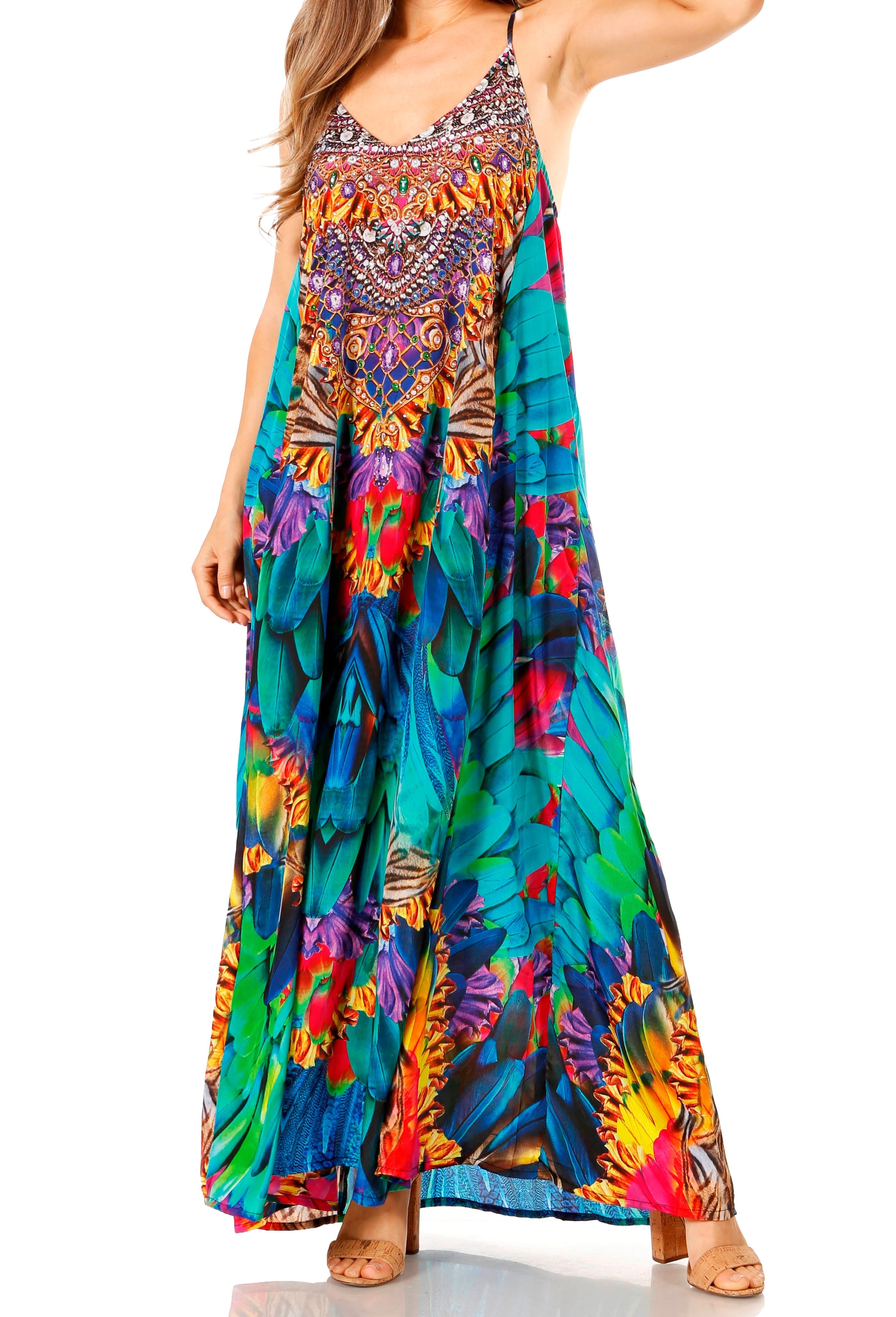 Colorful patterned dress worn by a person on a white background