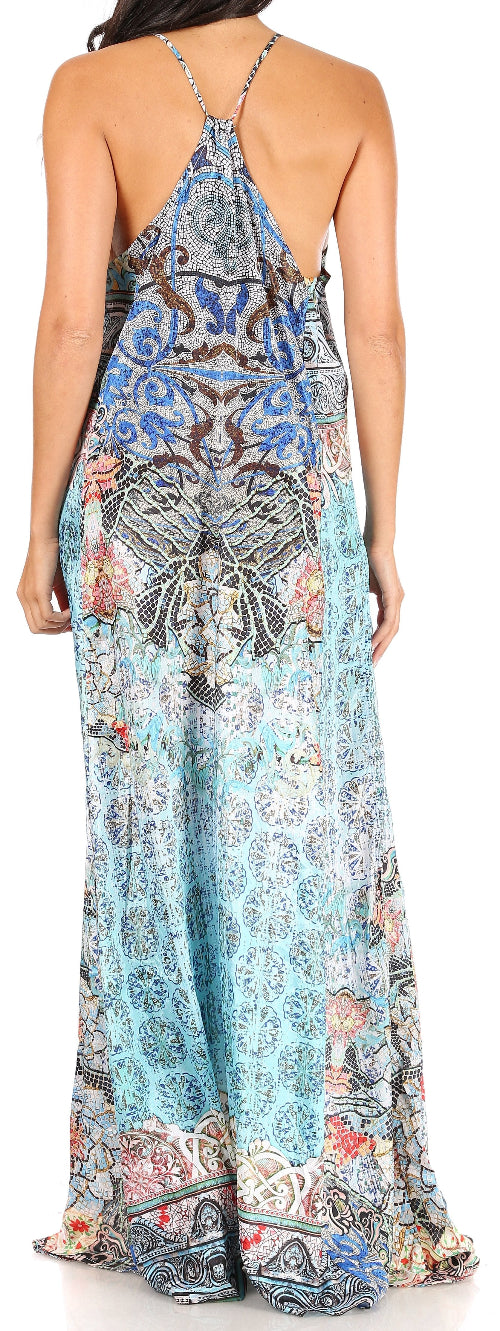 Woman wearing a floral patterned dress with a white background