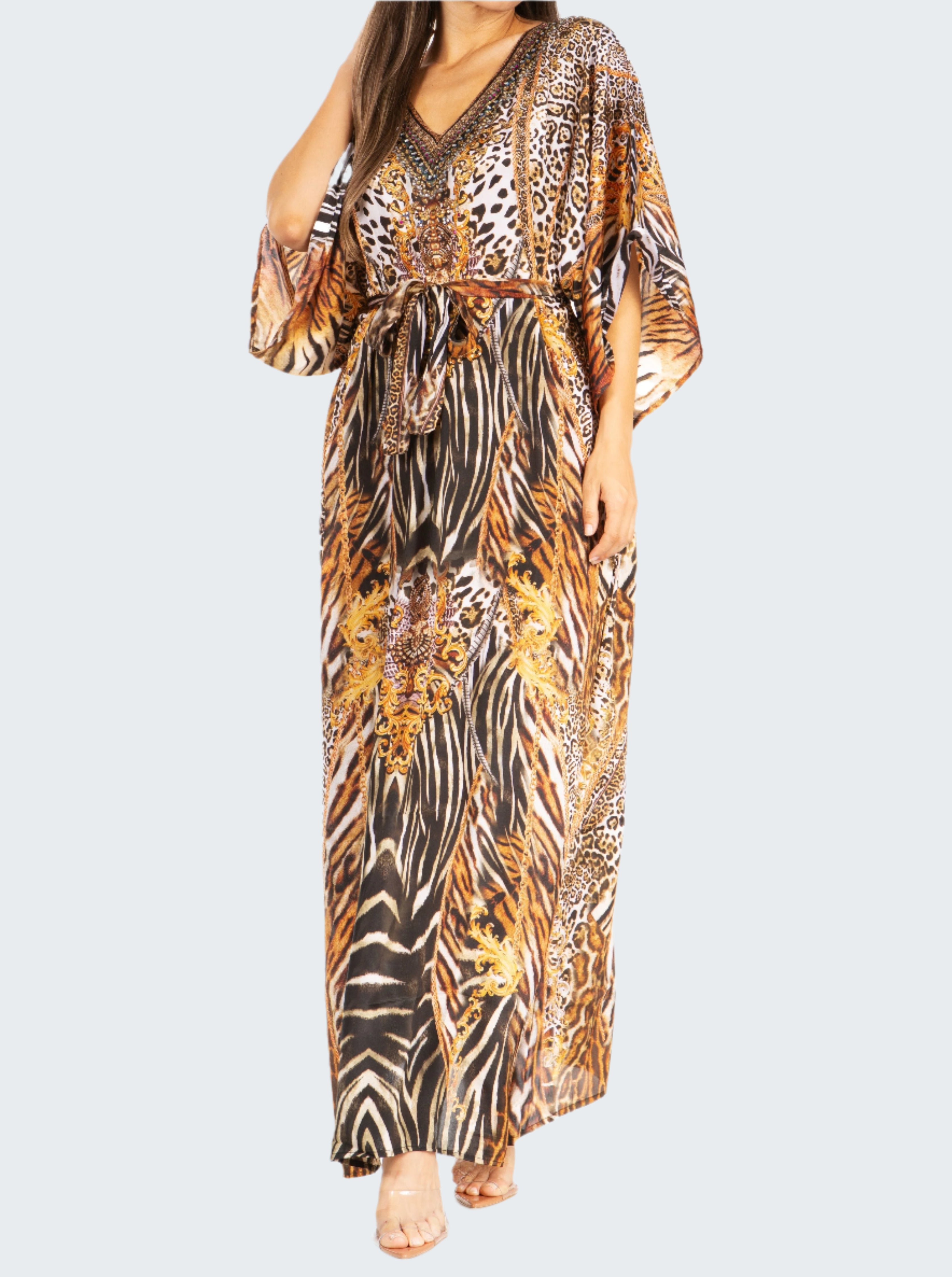 Long dress with animal print pattern on a white background
