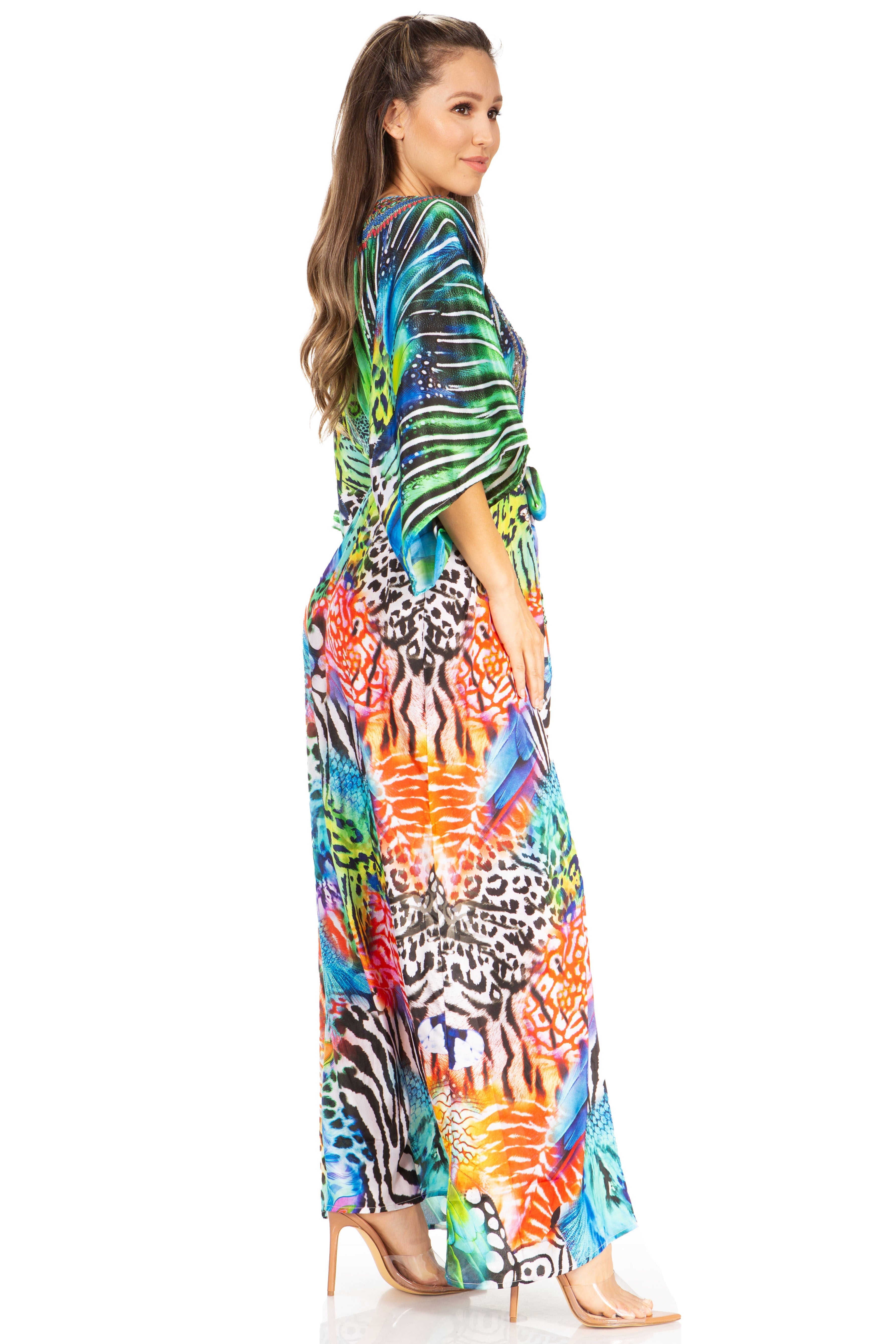 Woman wearing a colorful patterned dress on a white background