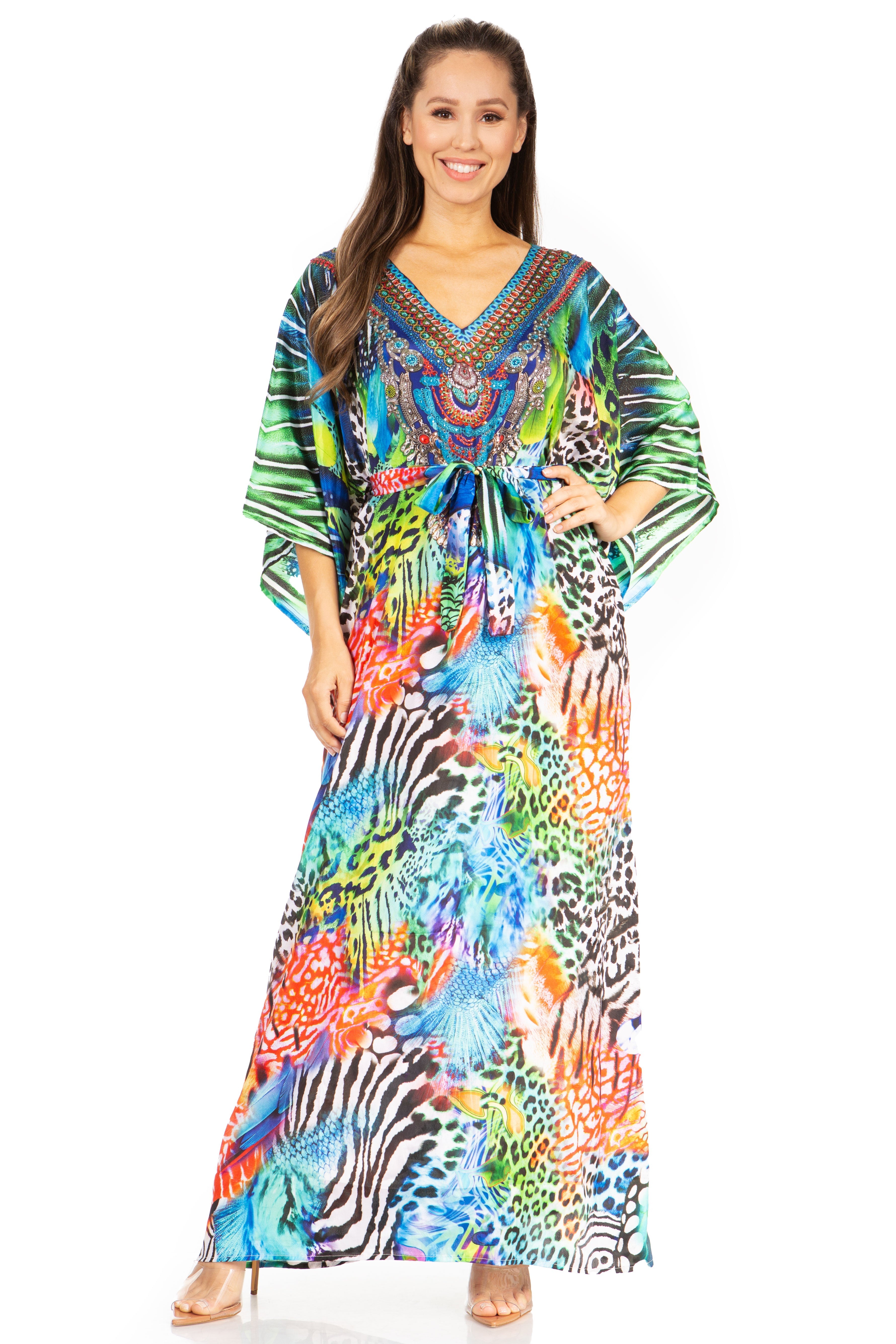 Woman wearing a colorful patterned dress on a white background