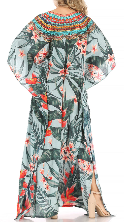 Long floral dress with colorful neckline on a white background