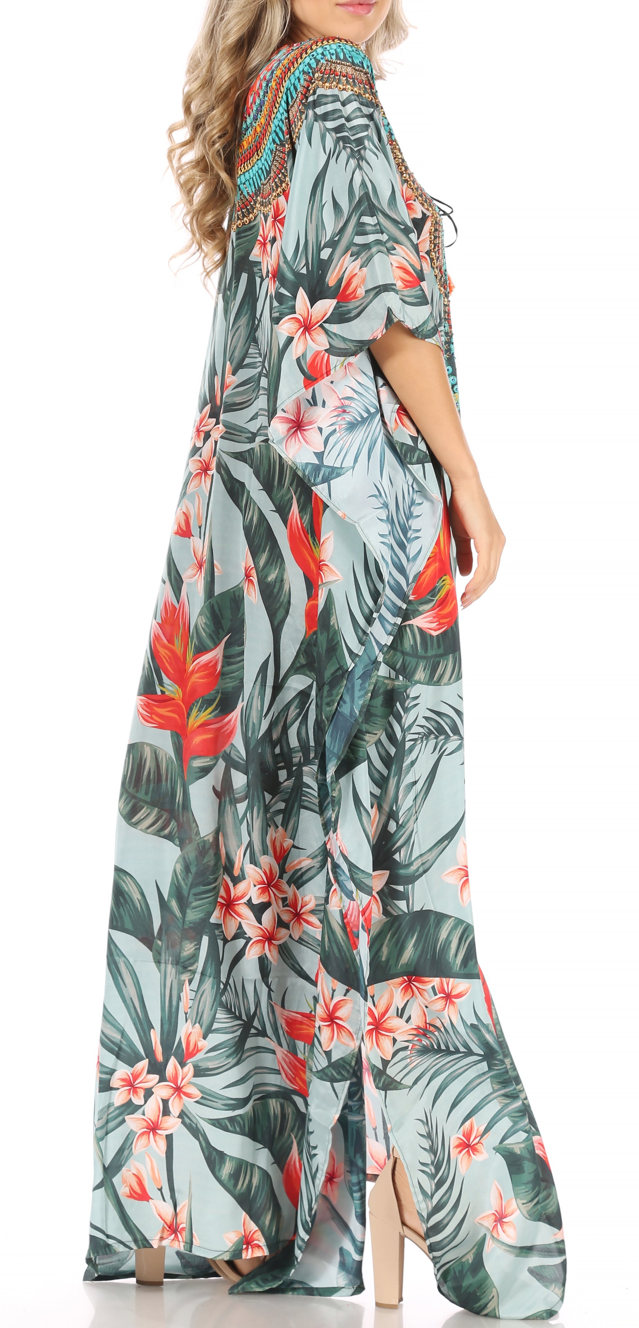 Long dress with tropical floral pattern on a white background