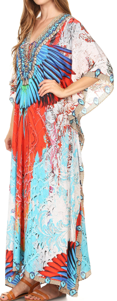 Woman wearing a colorful patterned dress with long sleeves and a V-neckline.