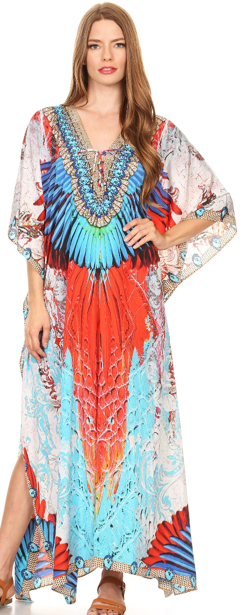 Woman wearing a colorful tie-dye dress with a white background