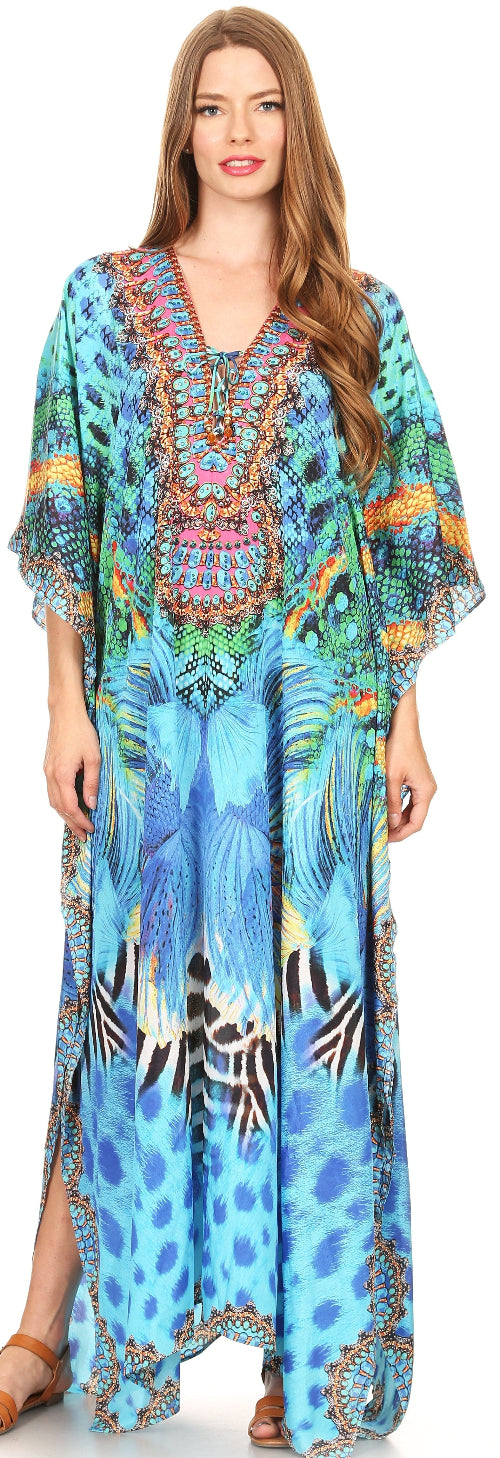 Woman wearing a colorful kaftan dress with a pattern on a white background