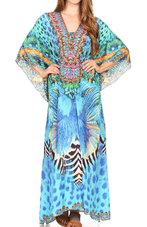 Woman wearing a colorful, patterned dress with a white background