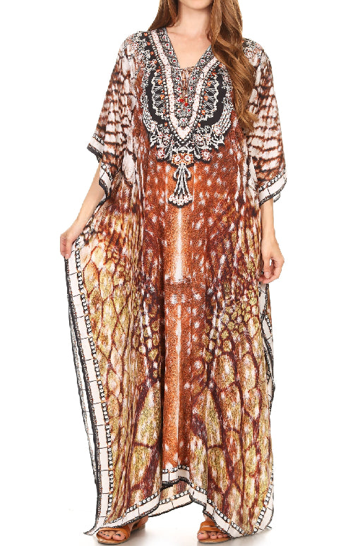 Woman wearing a patterned maxi dress on a white background
