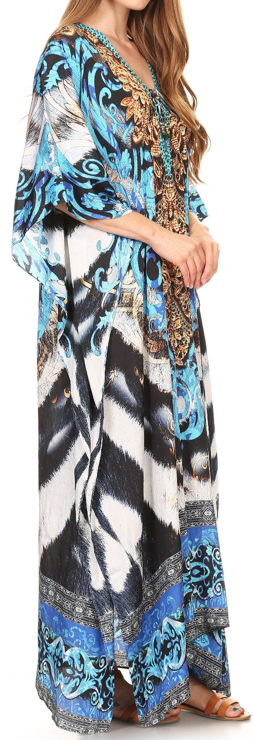 Long, patterned dress with a mix of blue, black, and white colors.