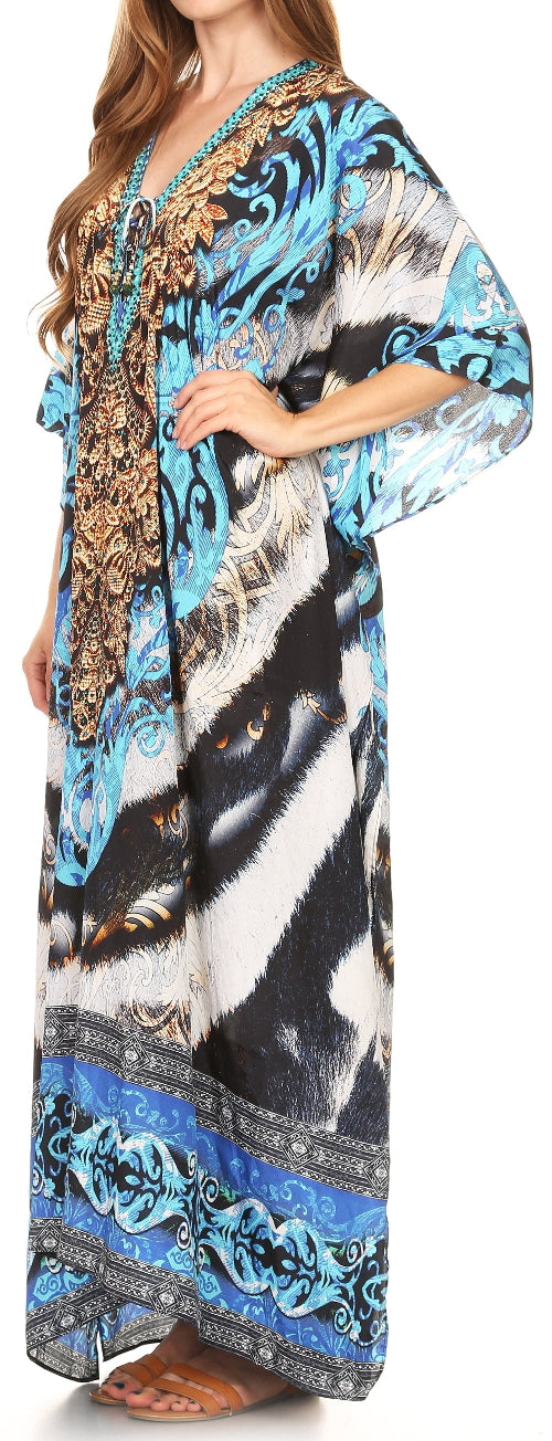 Long, patterned dress with wolf design and blue accents