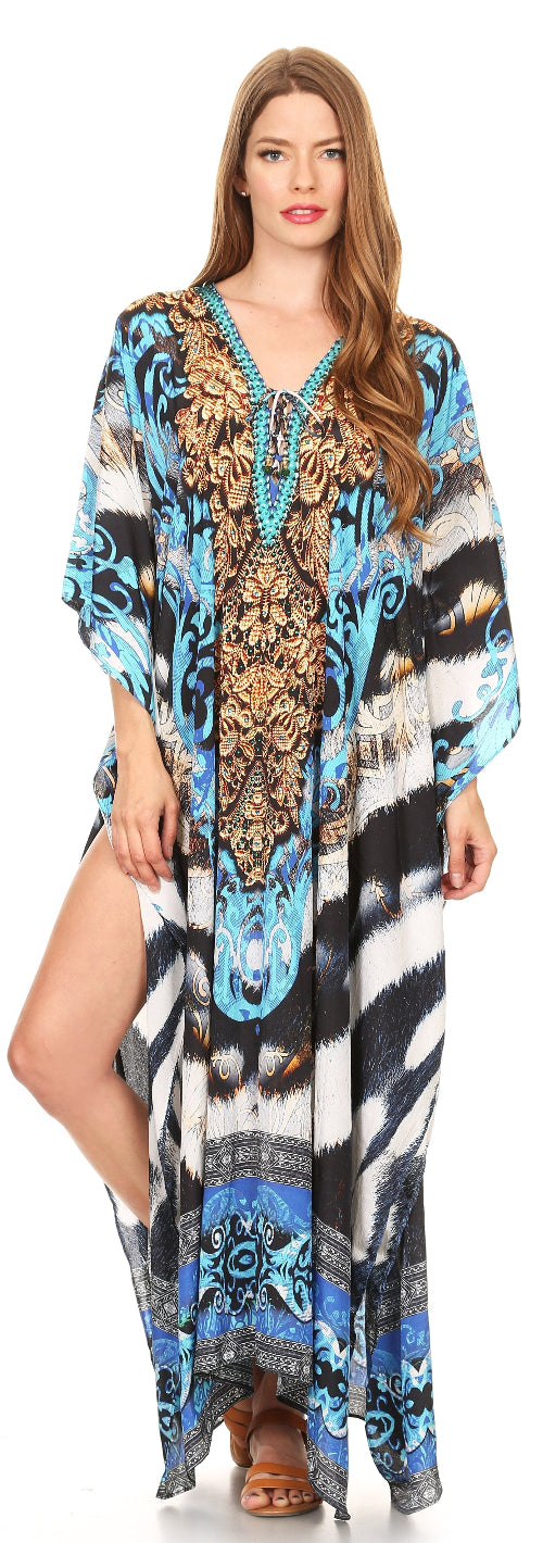 Woman wearing a colorful patterned dress on a white background