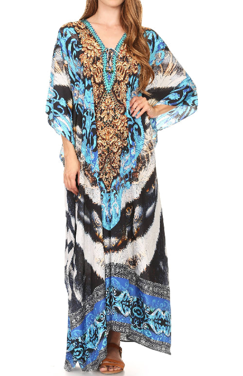 Woman wearing a colorful patterned dress on a white background
