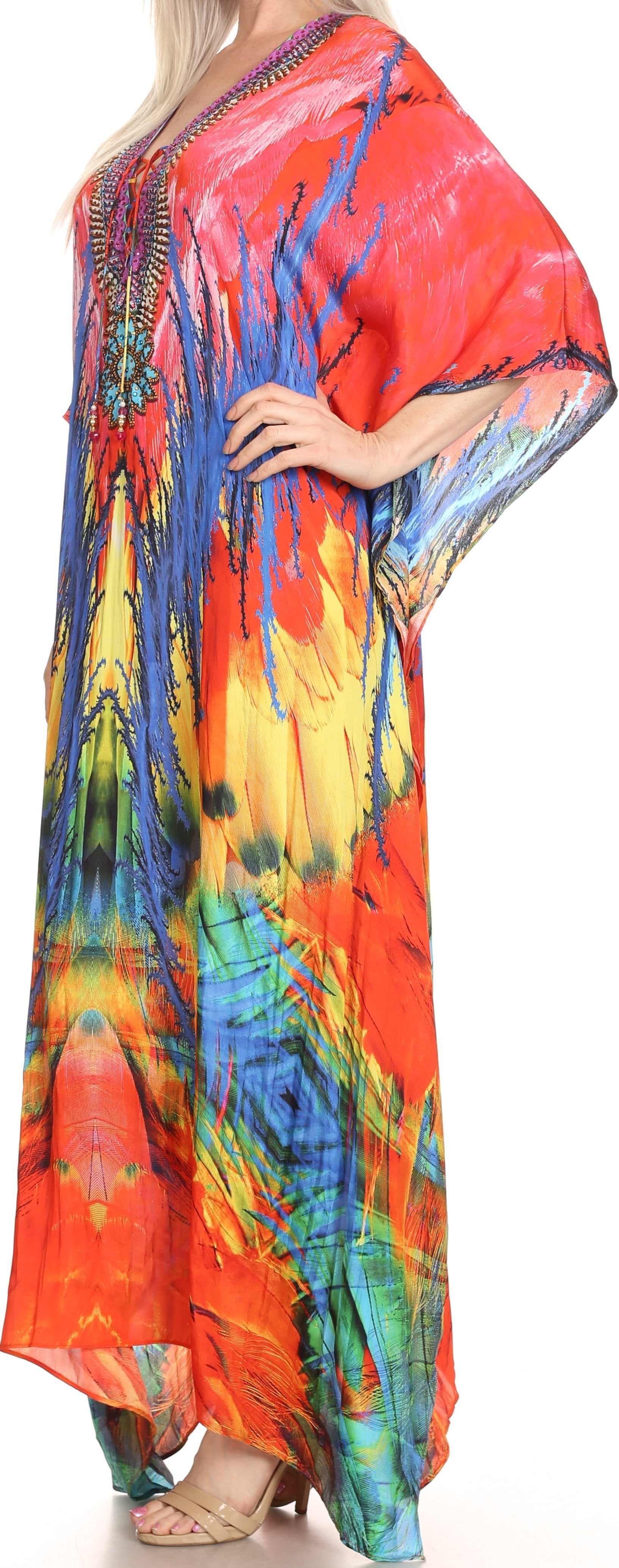 Colorful tie-dye dress with a vibrant pattern on a plain background