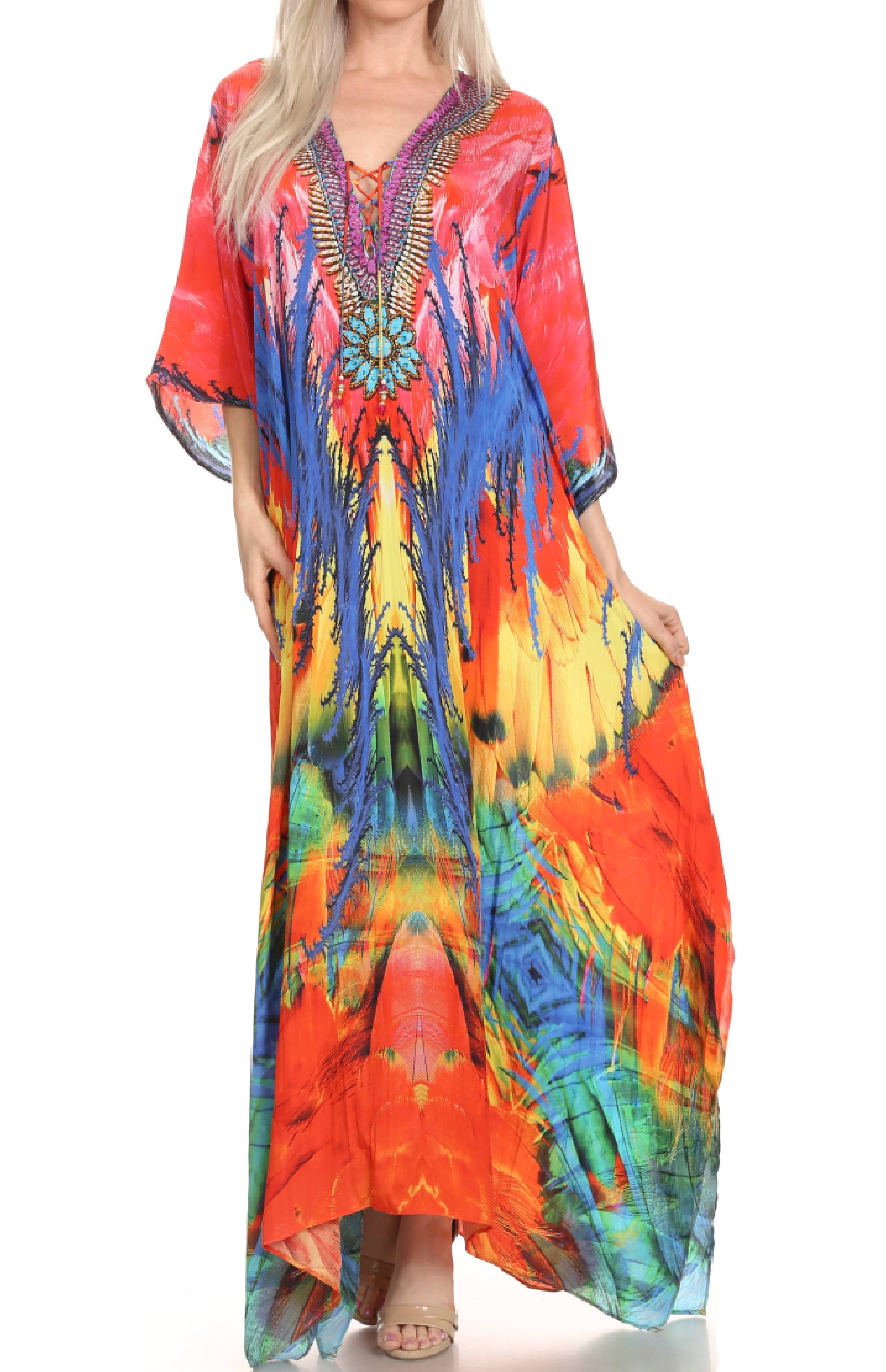 Colorful tie-dye dress worn by a model on a white background