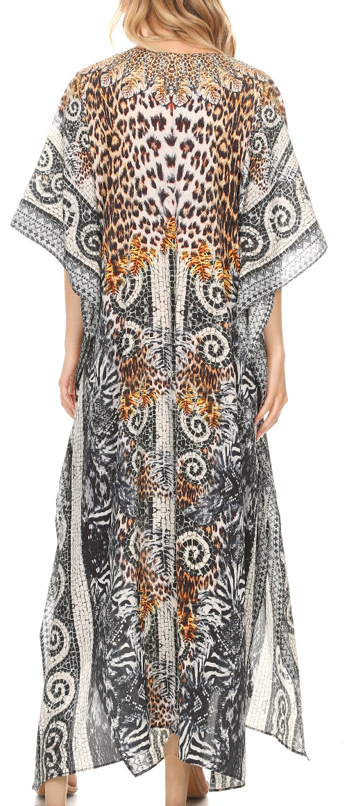 Long, patterned kimono-style garment with leopard print and paisley design.
