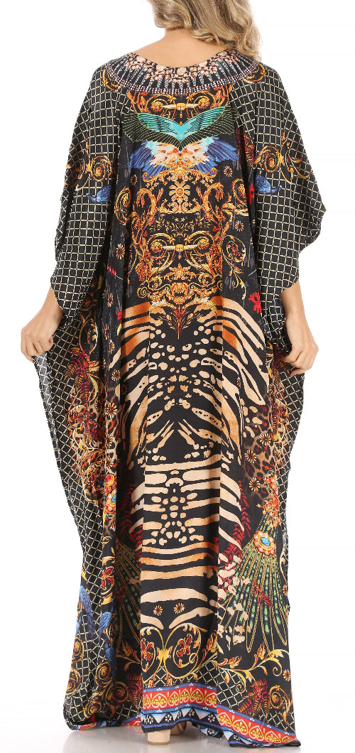 Woman wearing a long, patterned dress with a zebra design on a white background