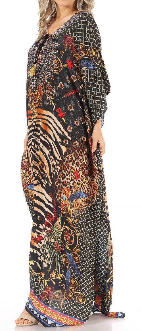 Long dress with colorful animal print pattern on a white background