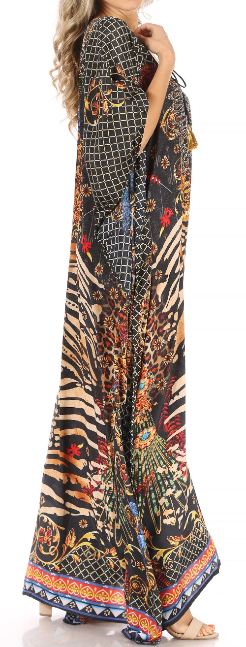 Long, patterned dress with a mix of zebra and leopard prints on a white background