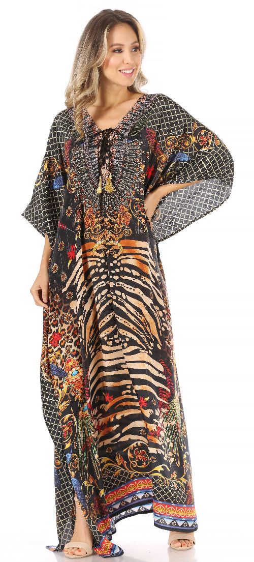 Woman wearing a colorful patterned dress on a white background