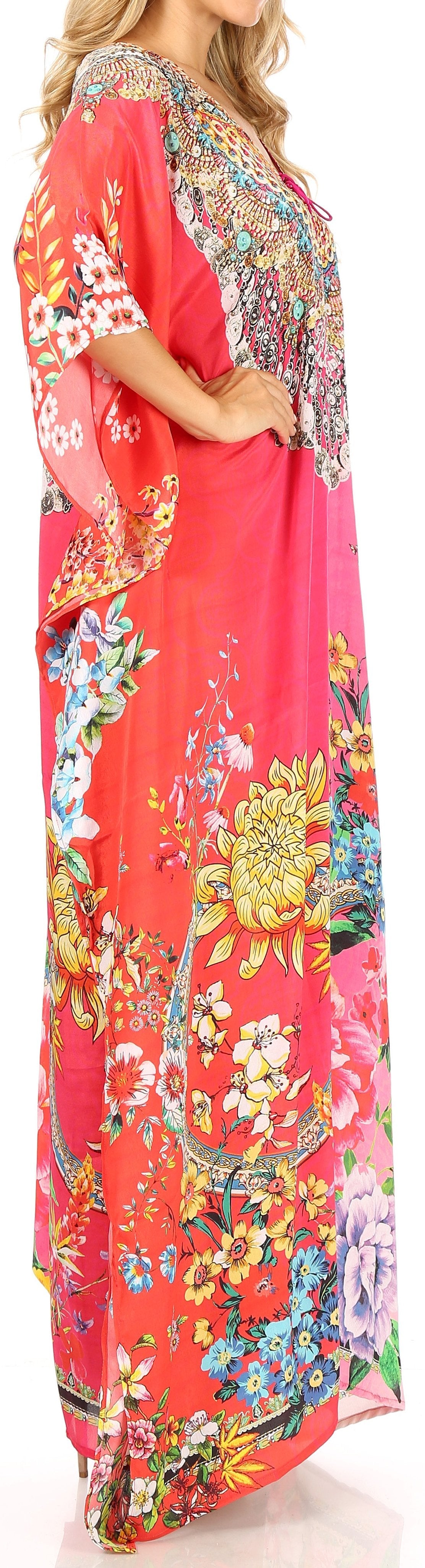 Woman wearing a floral dress with a red background