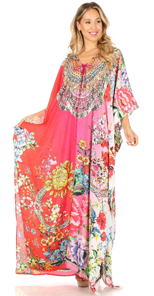Woman wearing a colorful floral dress with a white background