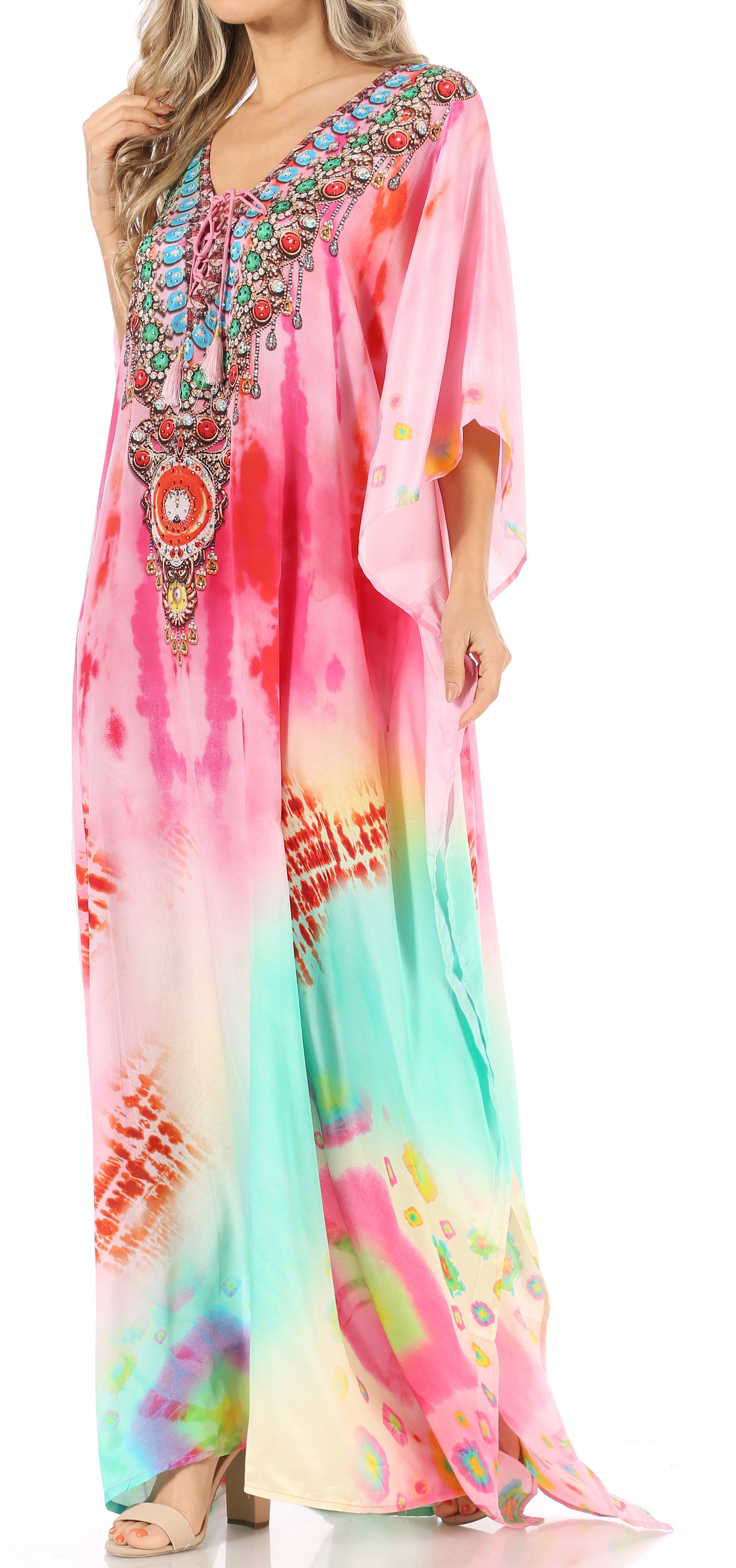Colorful tie-dye dress with embroidery on a white background