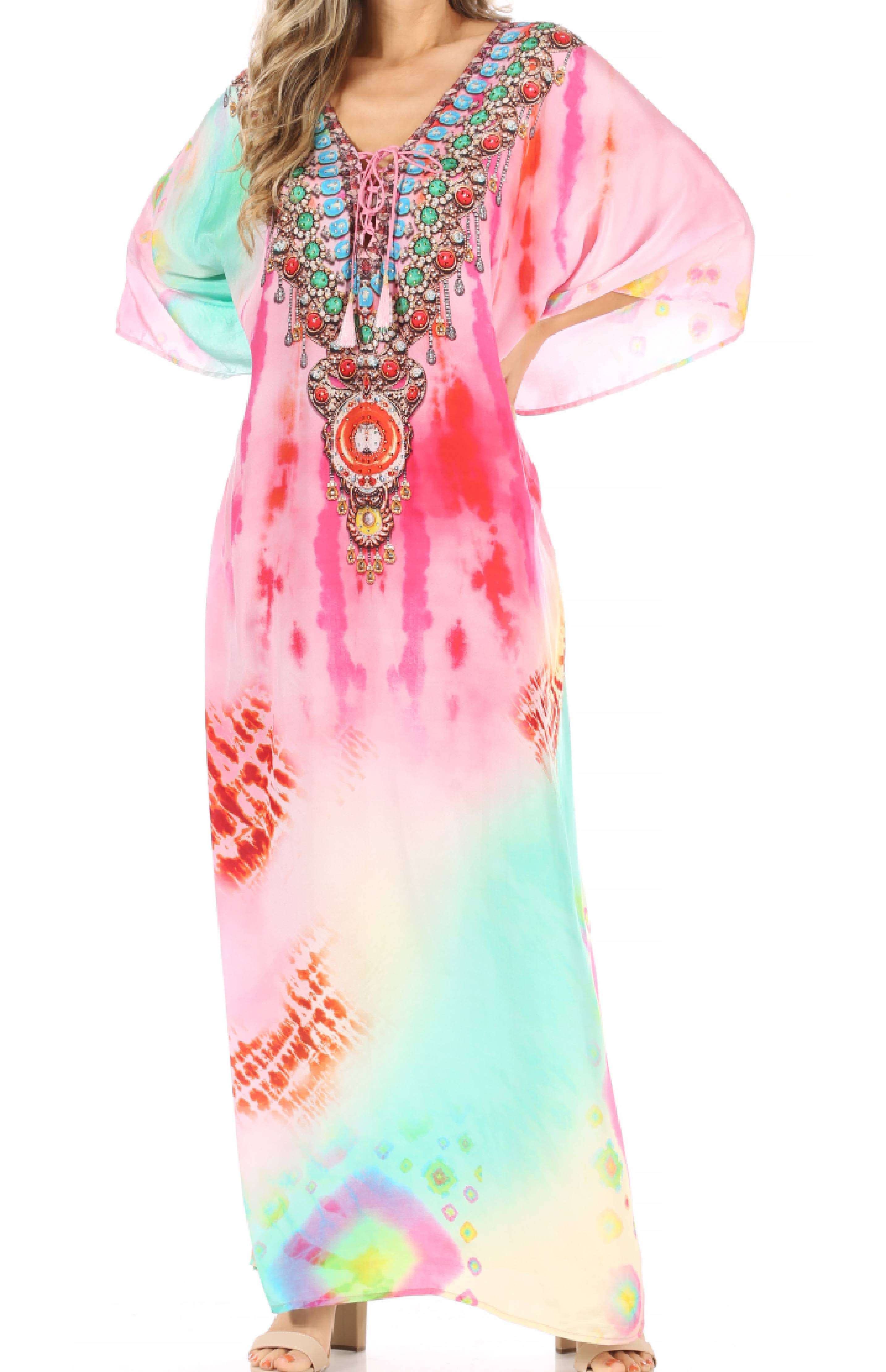 Colorful tie-dye dress with embroidery on a white background