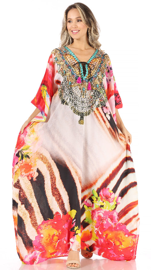 Woman wearing a colorful, patterned dress with a white background