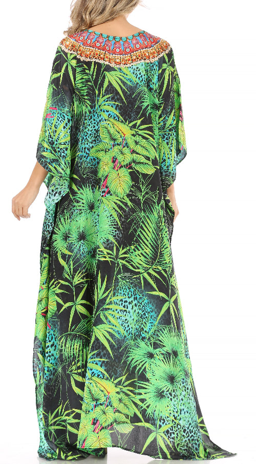 Long dress with tropical leaf pattern on a white background