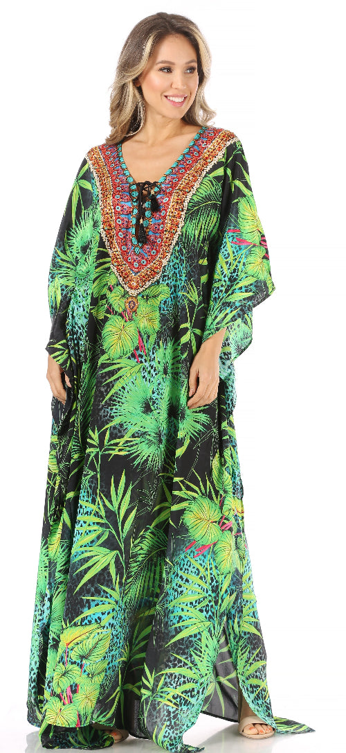 Woman wearing a colorful tropical print dress on a white background