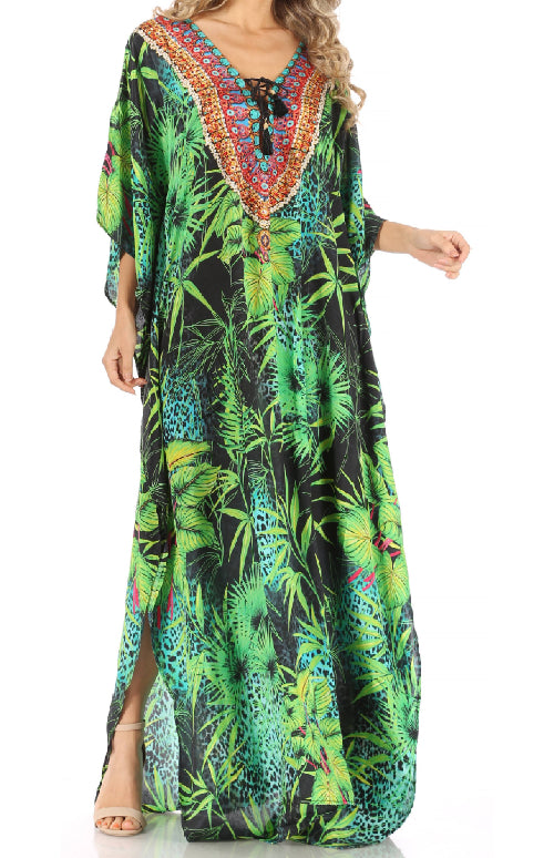 Woman wearing a colorful tropical print dress on a white background