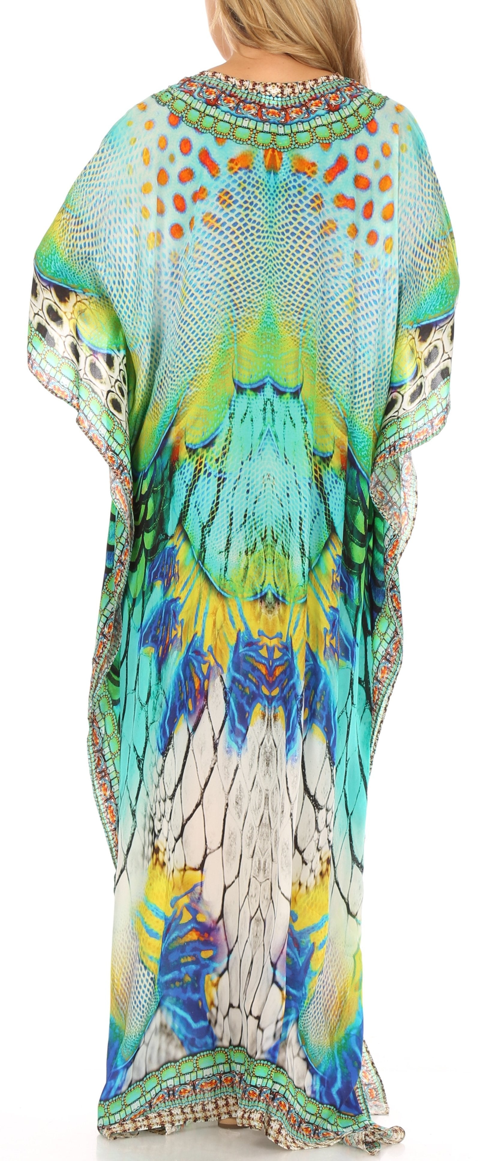 Colorful patterned dress with long sleeves and a flowing design.