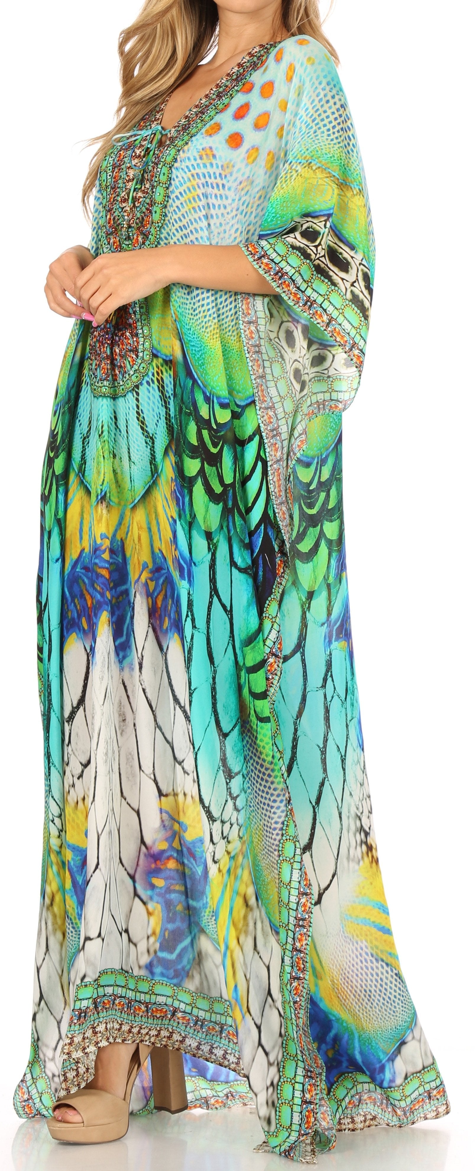 Woman wearing a colorful patterned dress with a blurred background