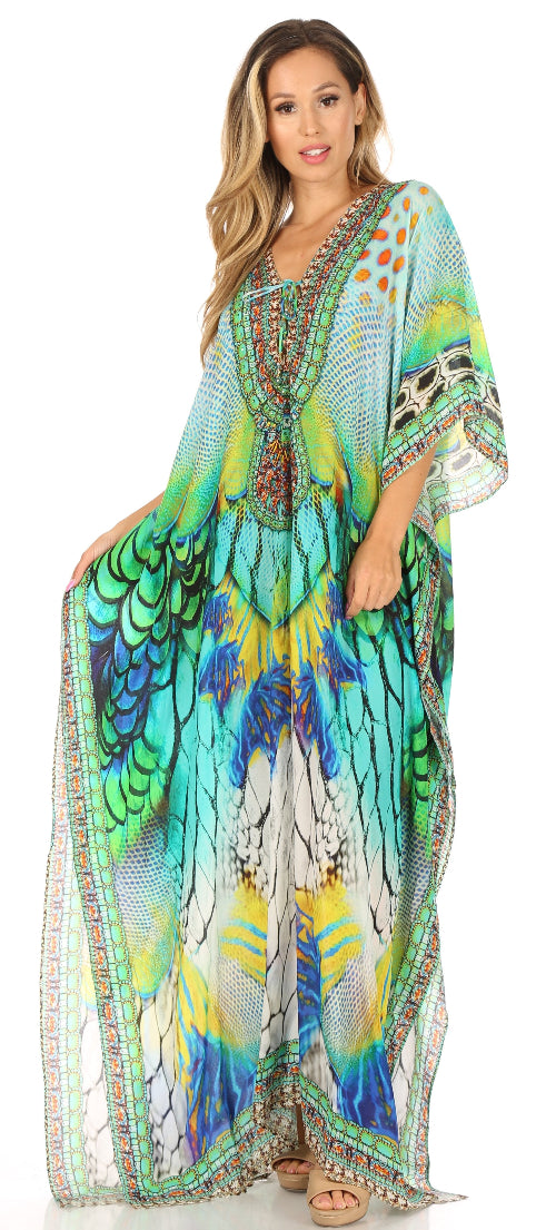 Woman wearing a colorful patterned dress with a white background