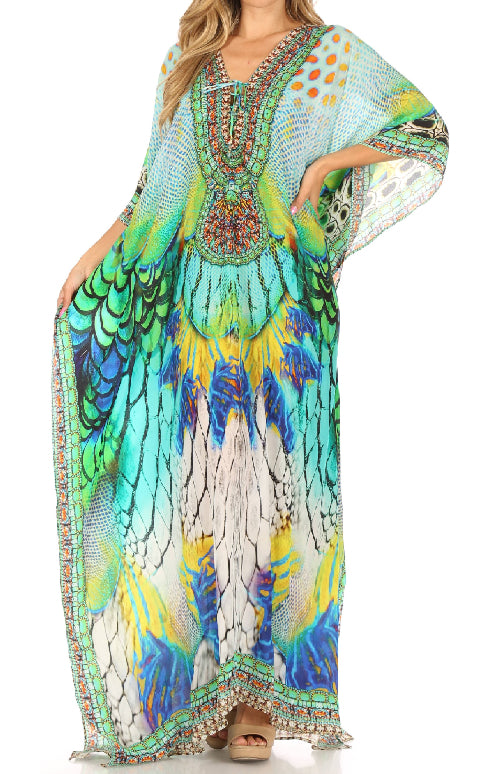 Woman wearing a colorful, patterned dress with a peacock design.