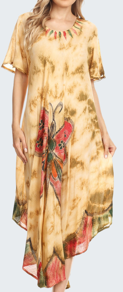 Woman wearing a tie-dye dress with floral patterns on a beige background