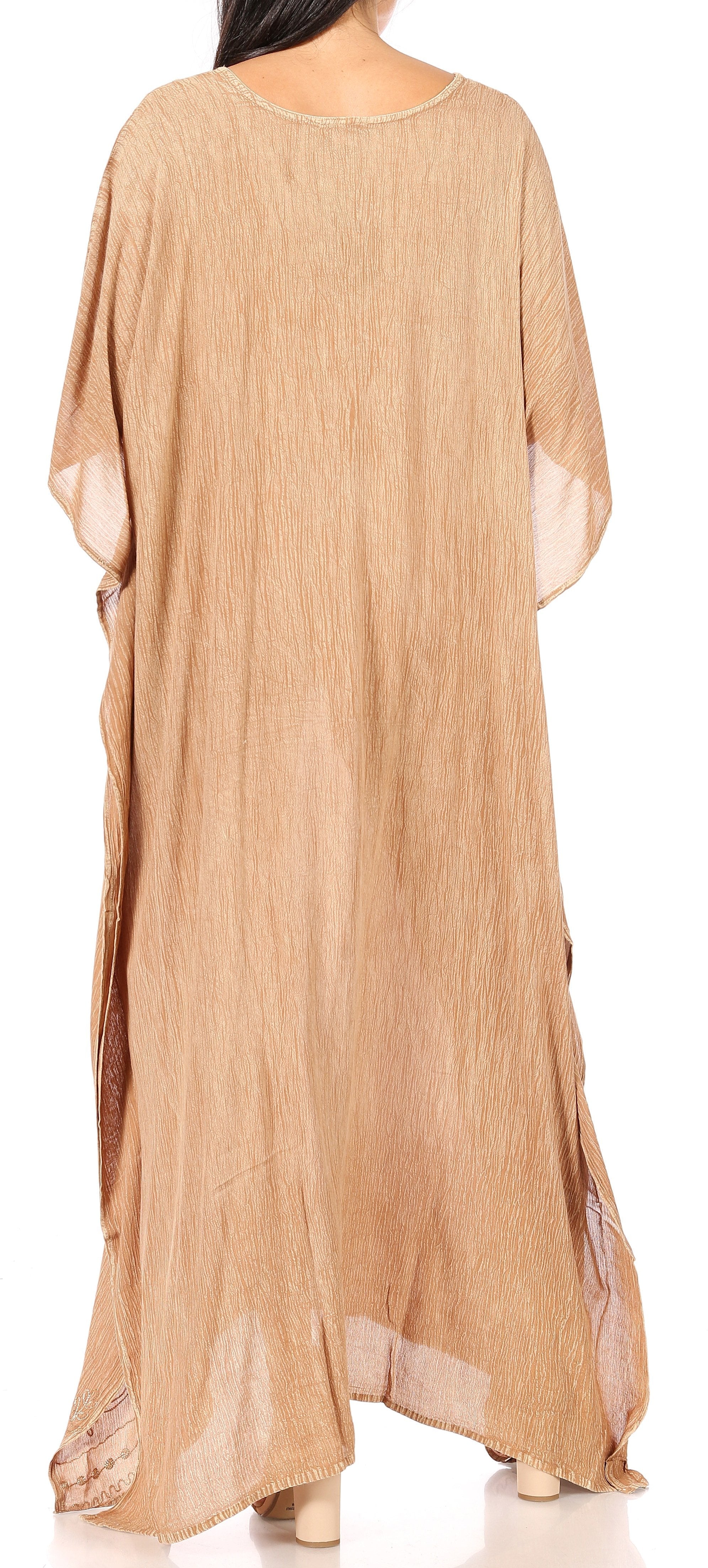 Beige long dress with sheer sleeves on a white background