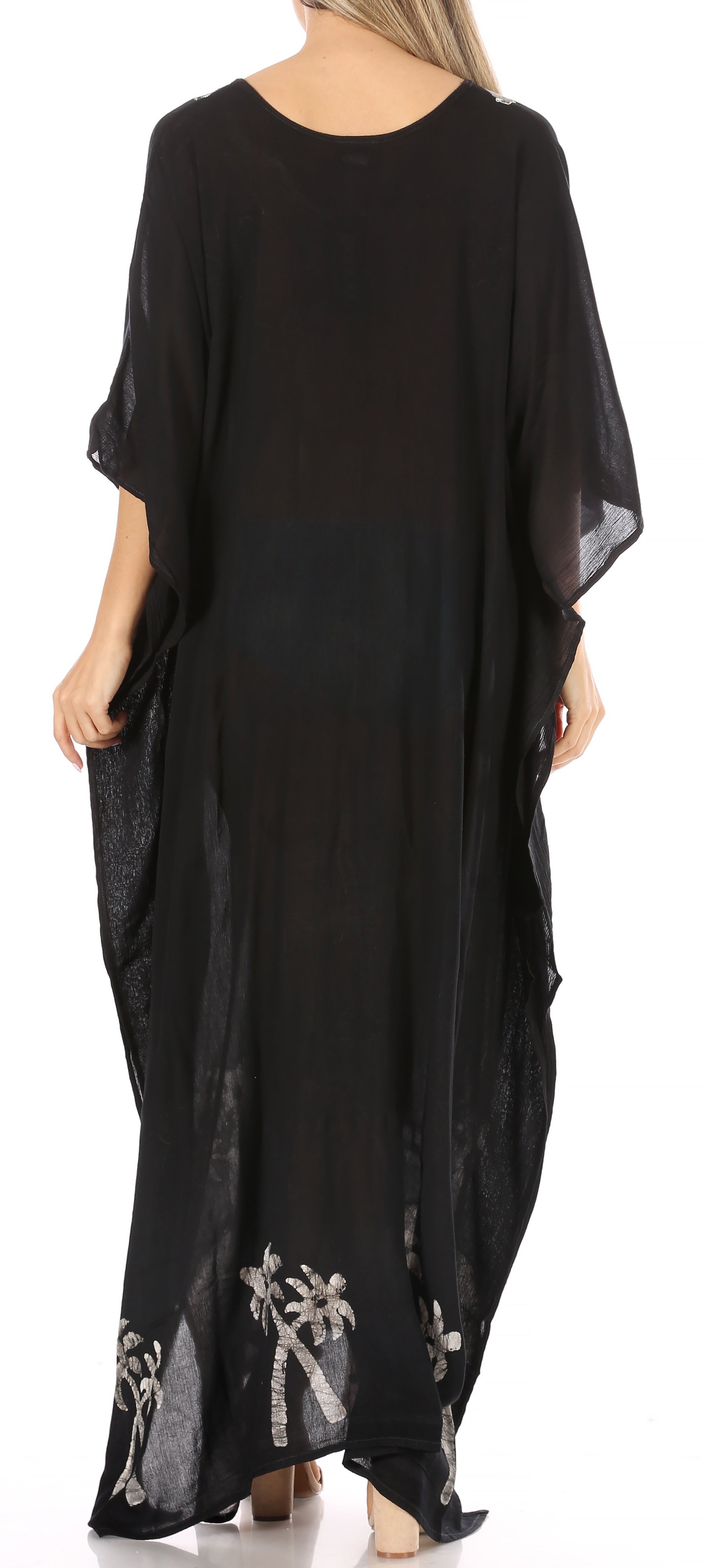 Black kaftan with floral embroidery on a white background