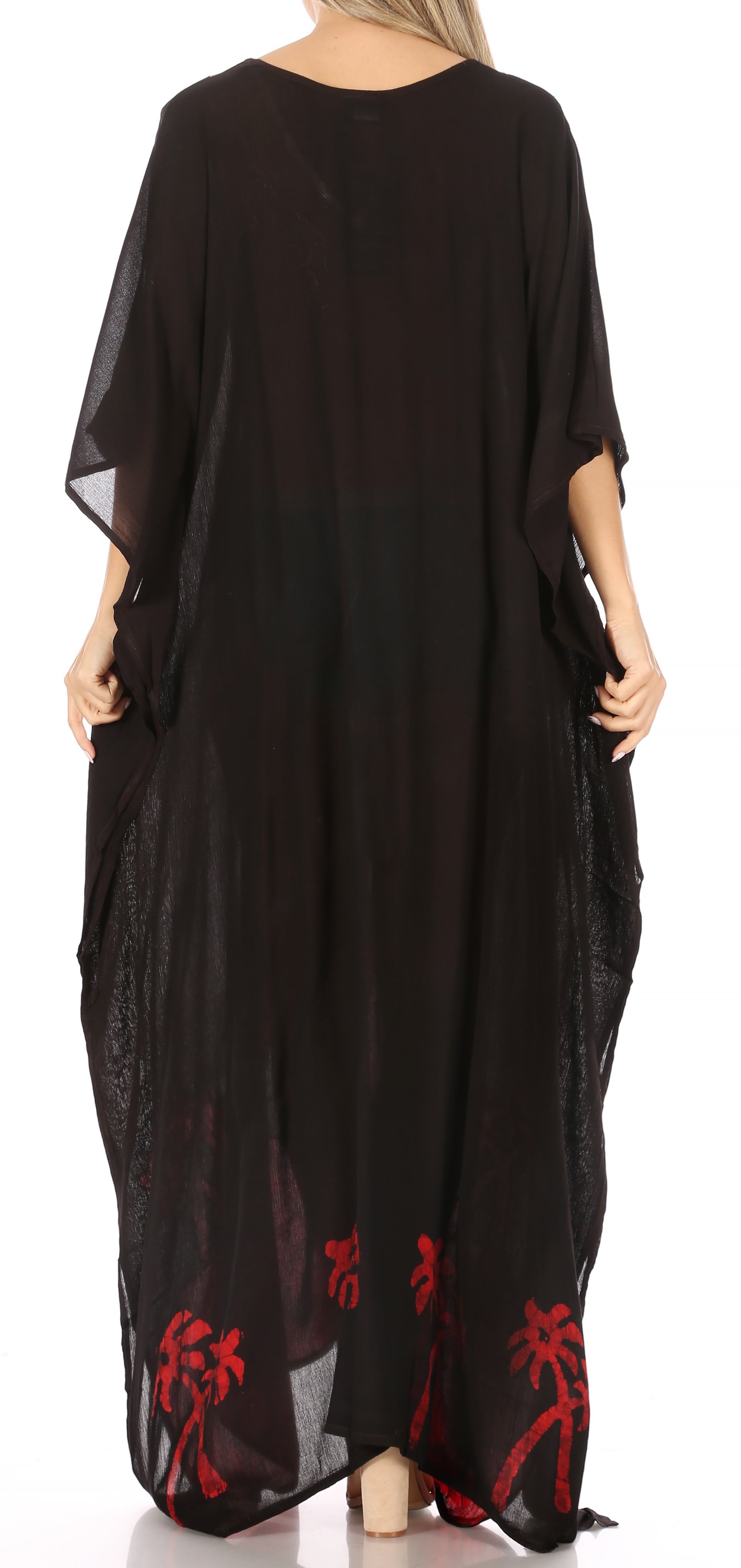 Black dress with red floral embroidery on a white background