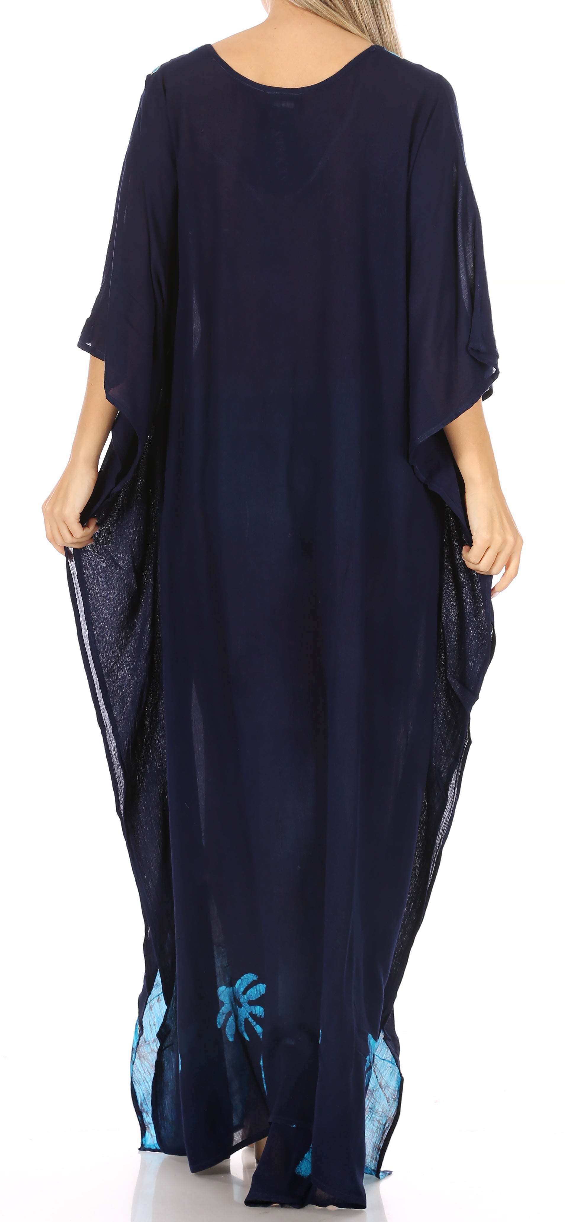 Navy blue dress with floral embroidery on a white background