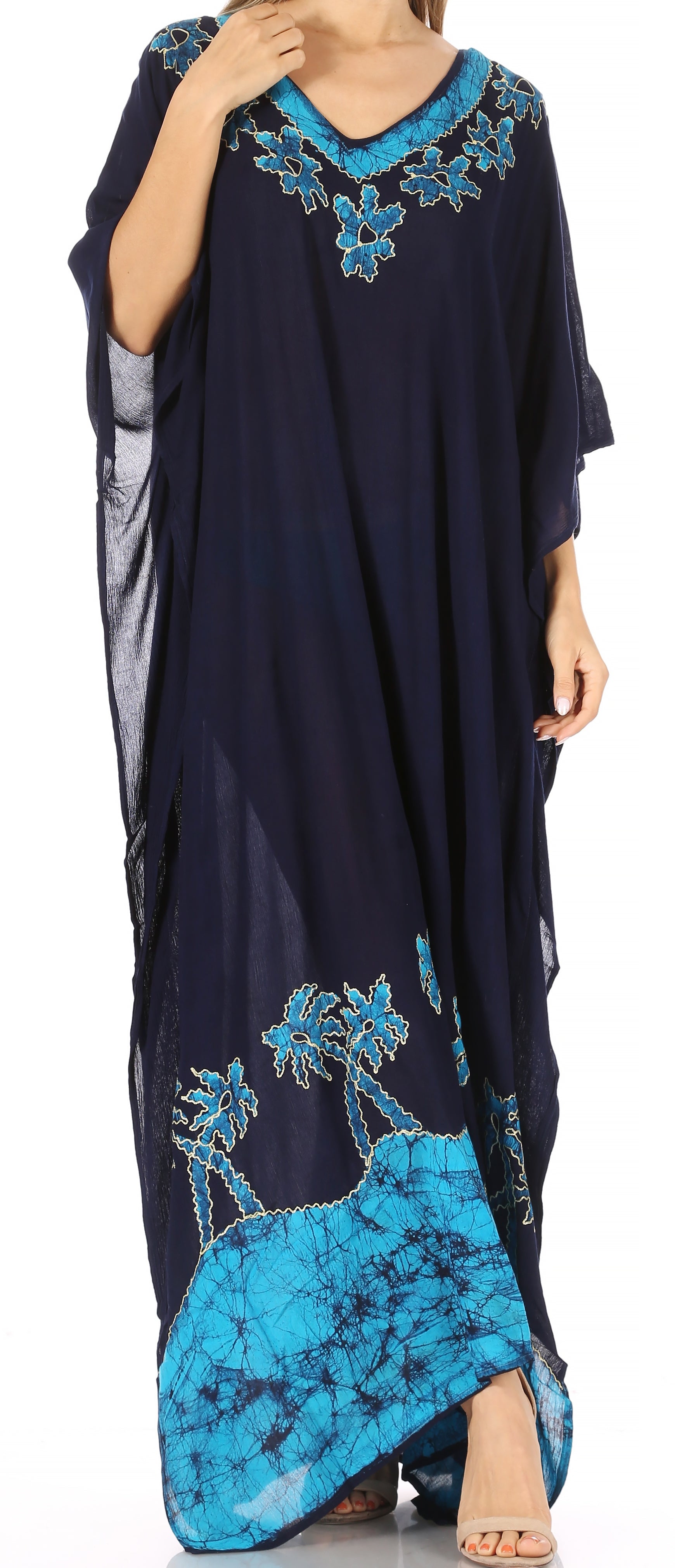 Navy blue caftan with turquoise floral embroidery on a white background