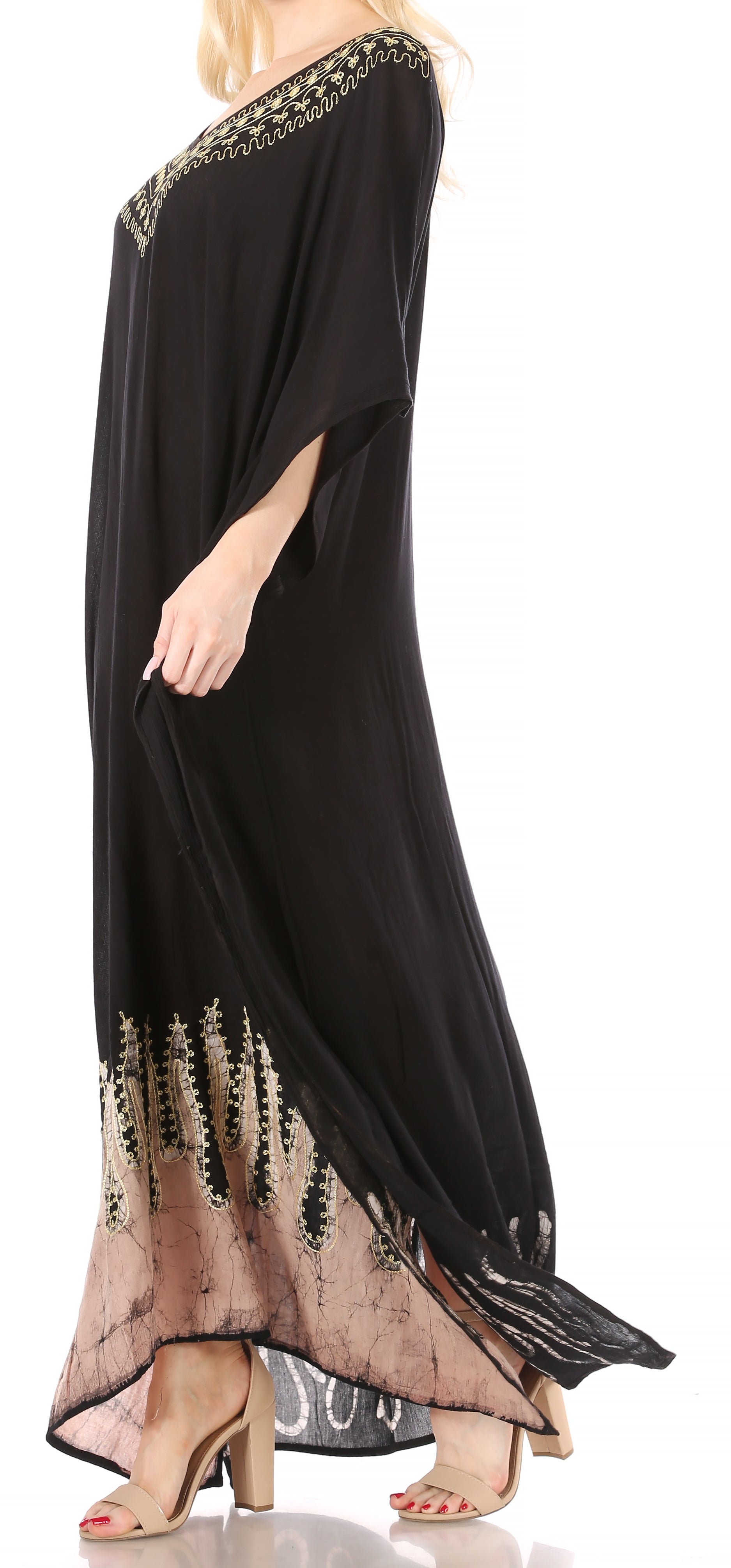 Black evening gown with floral embroidery on a white background
