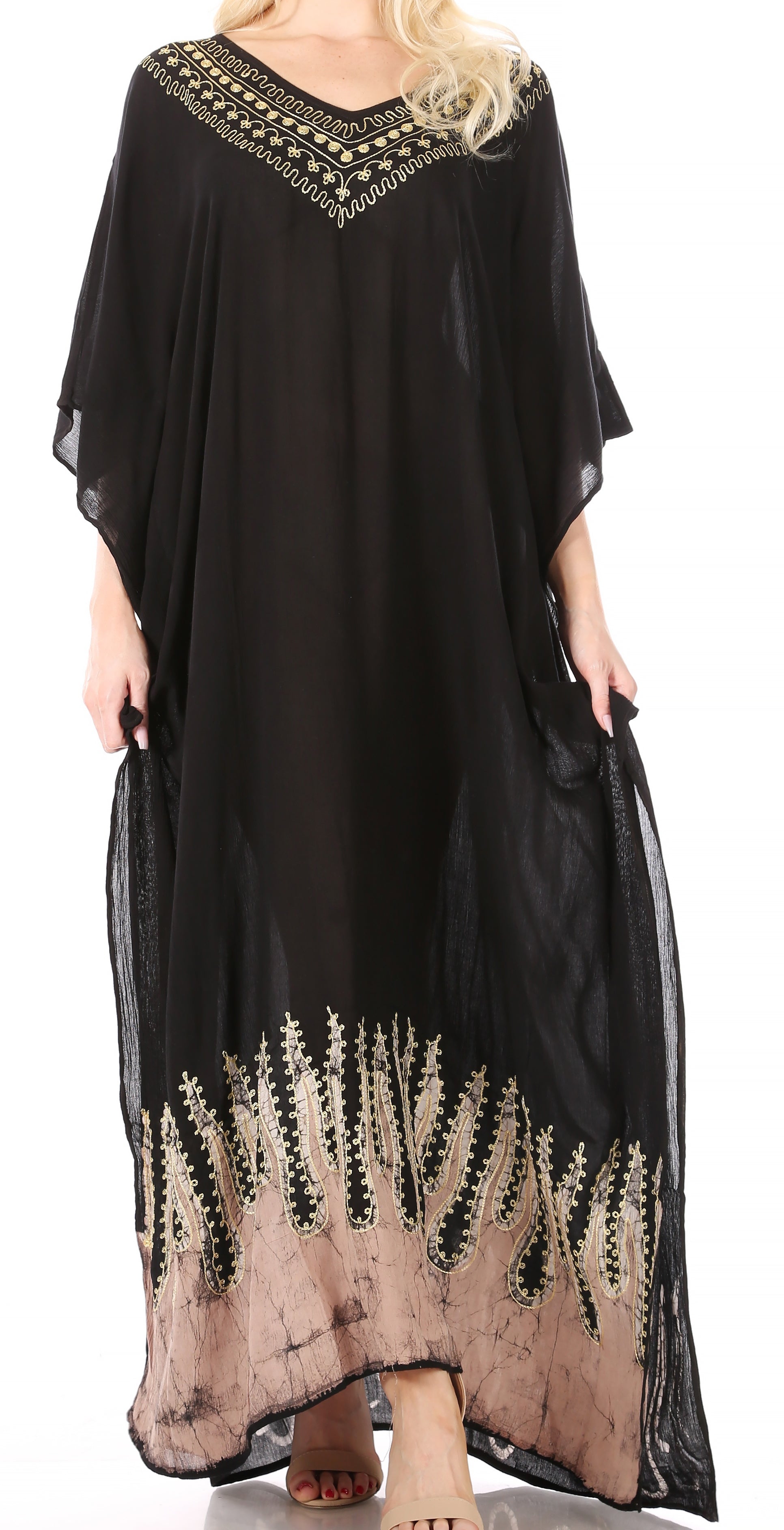 Black caftan with gold embroidery on a white background