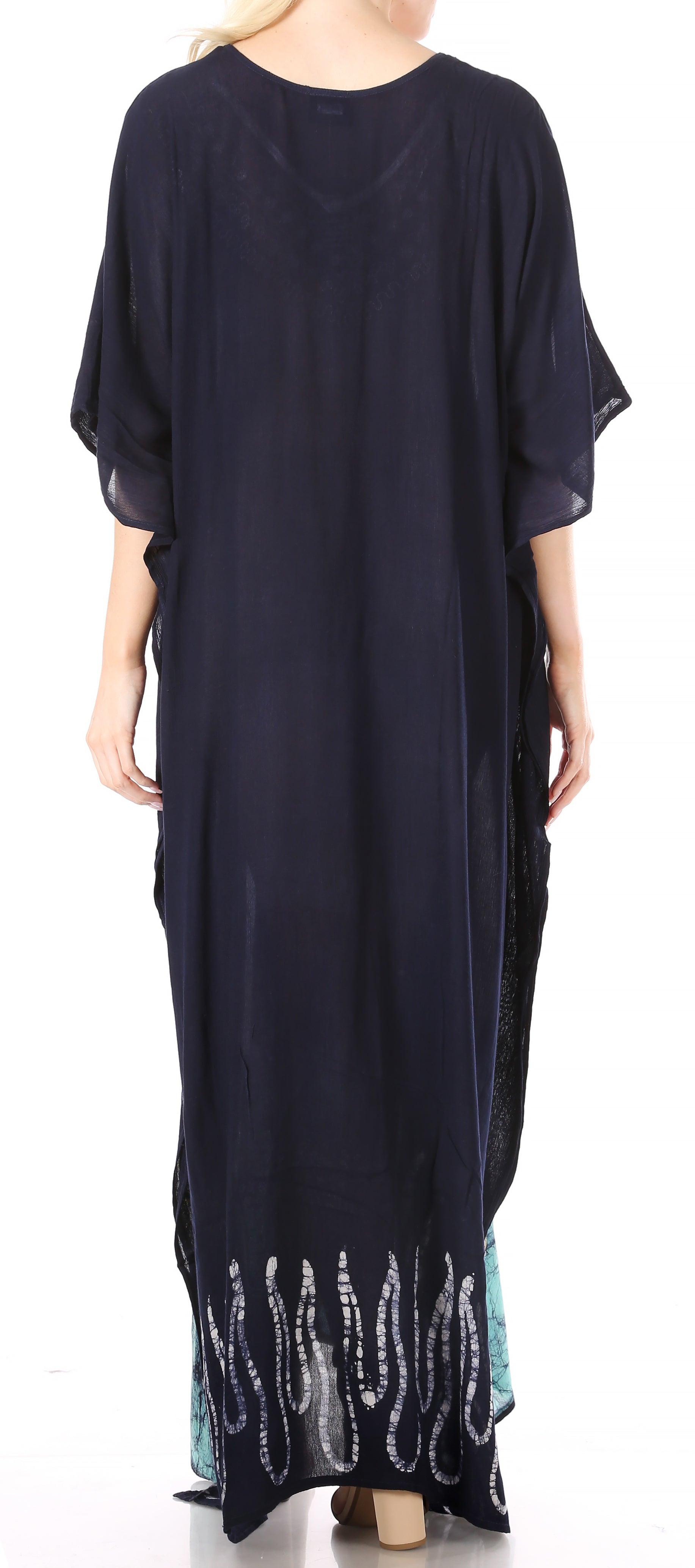 Navy blue caftan with white embroidery on a white background