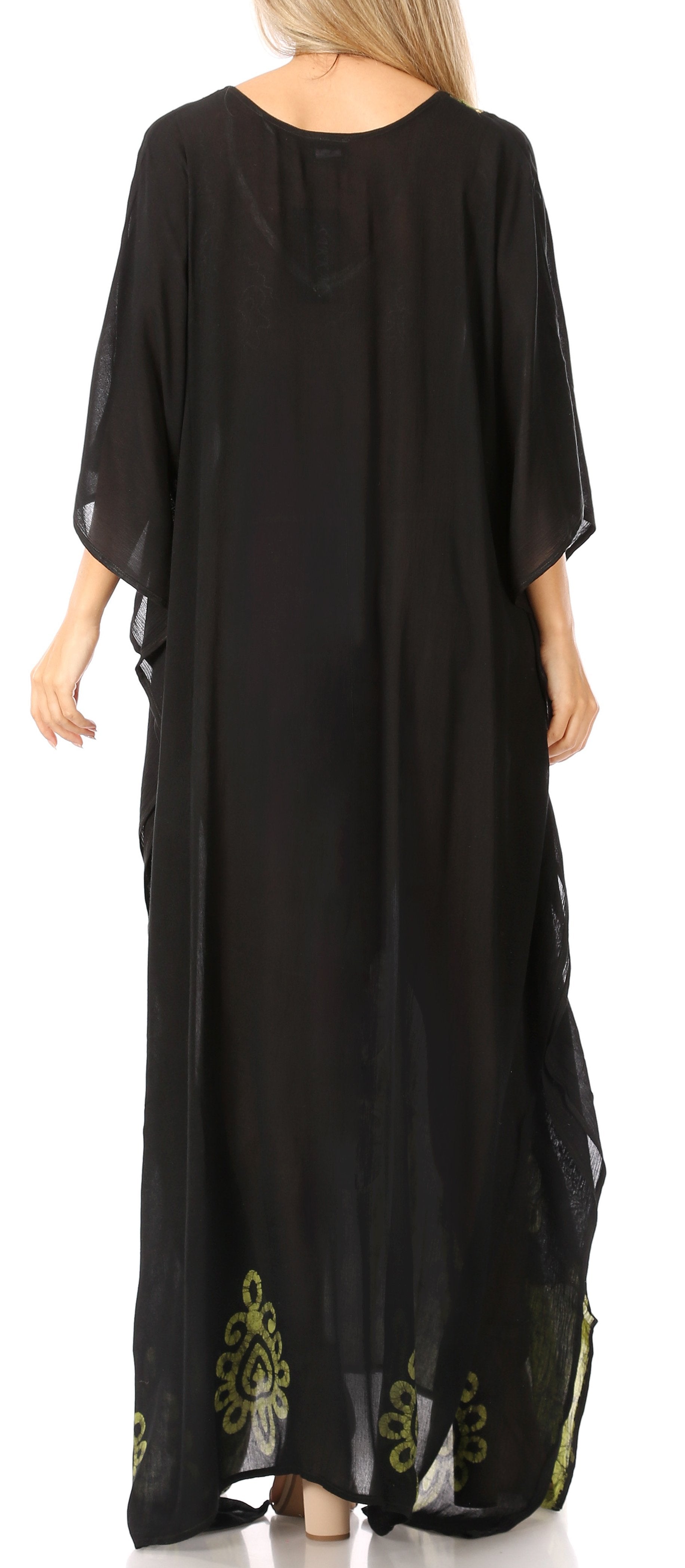 Black long dress with gold embroidery on a white background