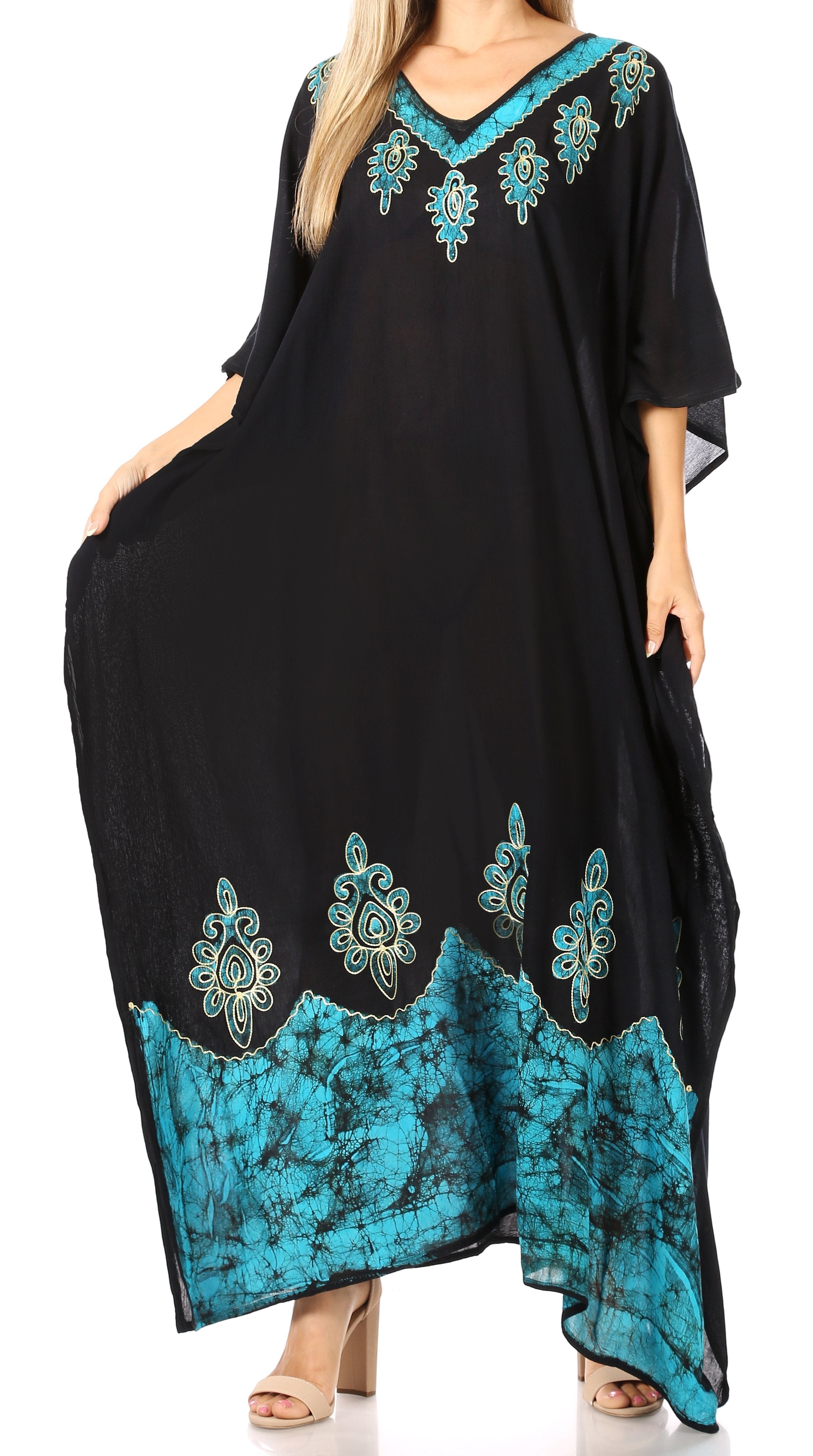Black caftan with turquoise embroidery on a white background