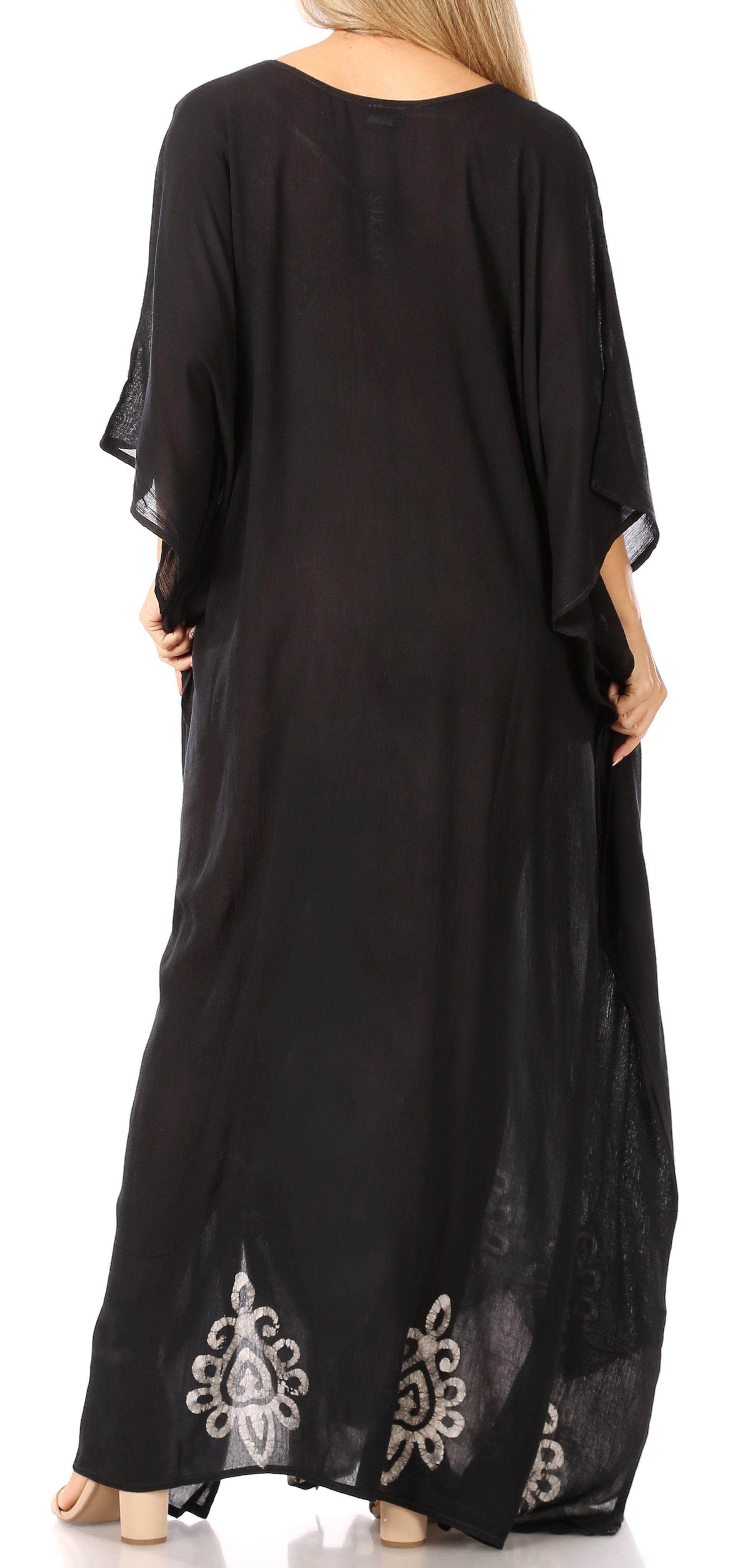 Black long dress with lace details on a white background