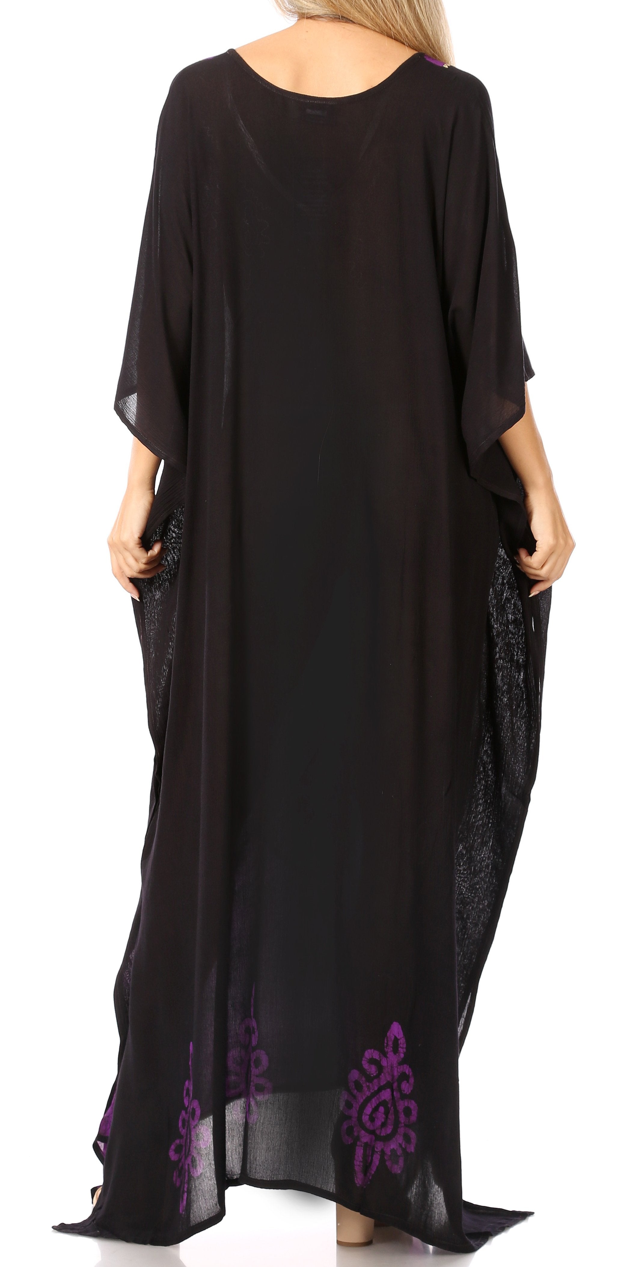 Black long dress with purple floral embroidery on a white background
