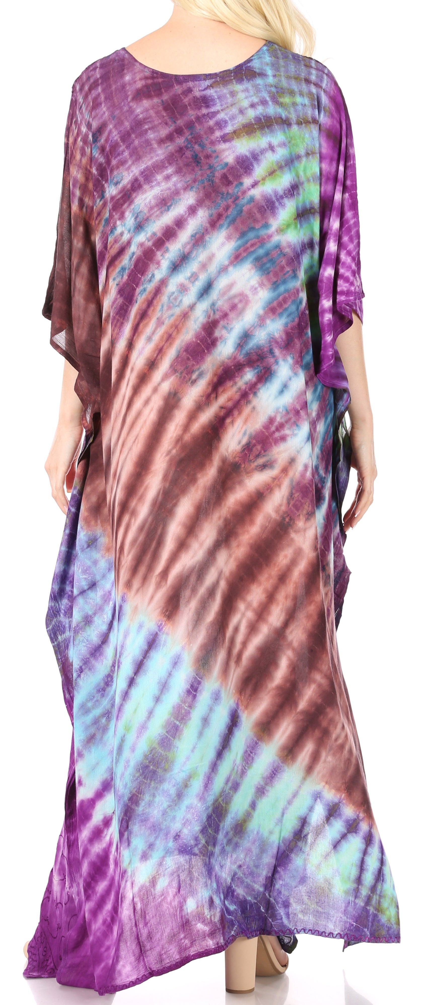 Tie-dye dress with a gradient of purple, blue, and pink colors.